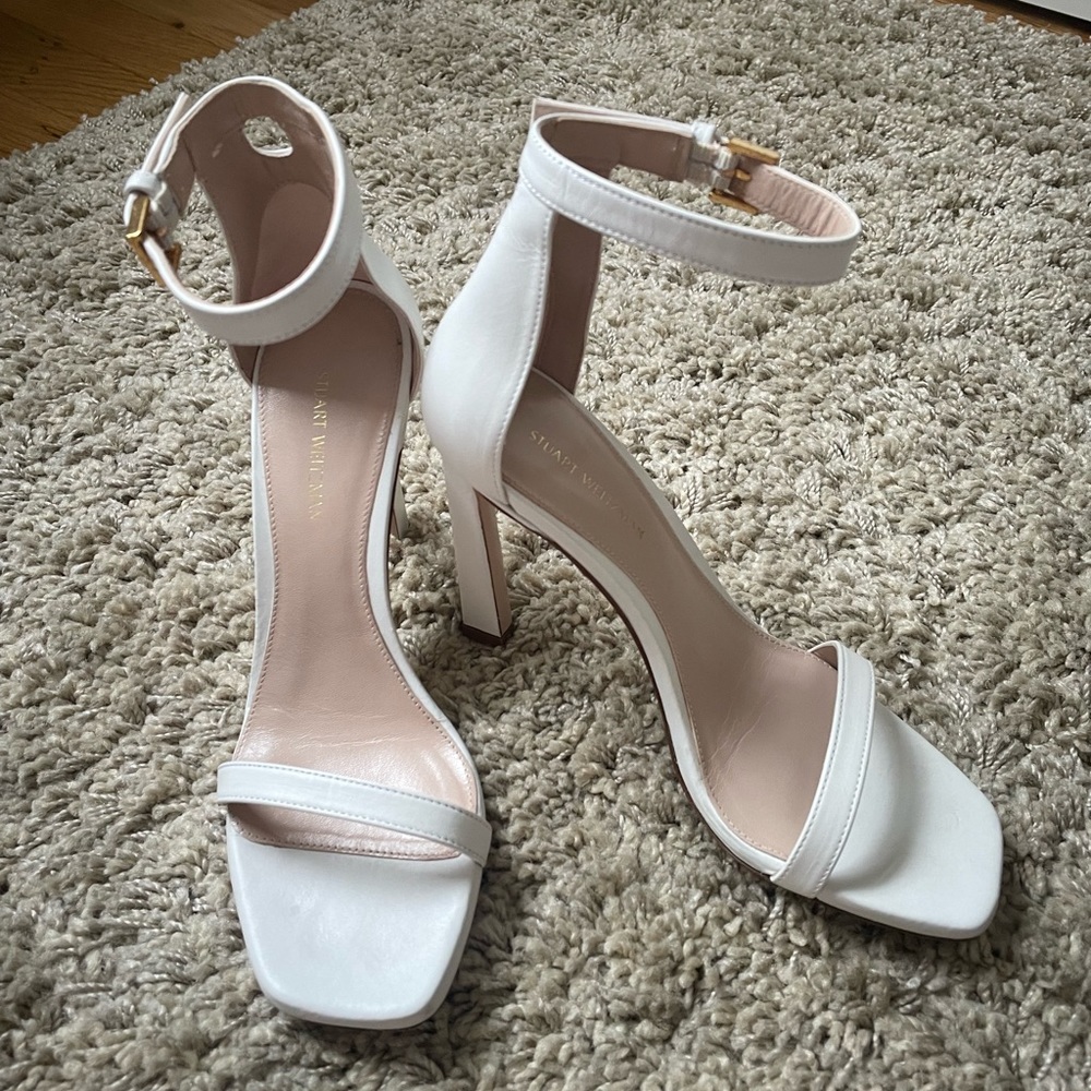Stuart Weitzman Fringe Square Nudist Heel in Off White Cush Nappa